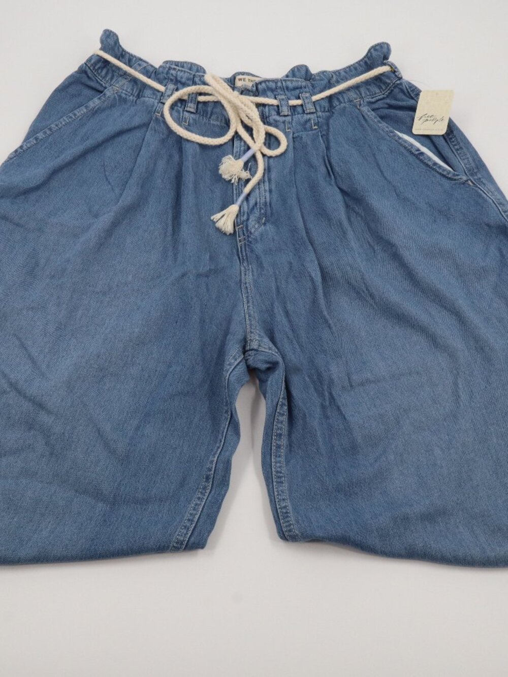 Free People Wide Leg Pants Womens Size L Blue‎ Denim Paperbag Waist Snap Hem